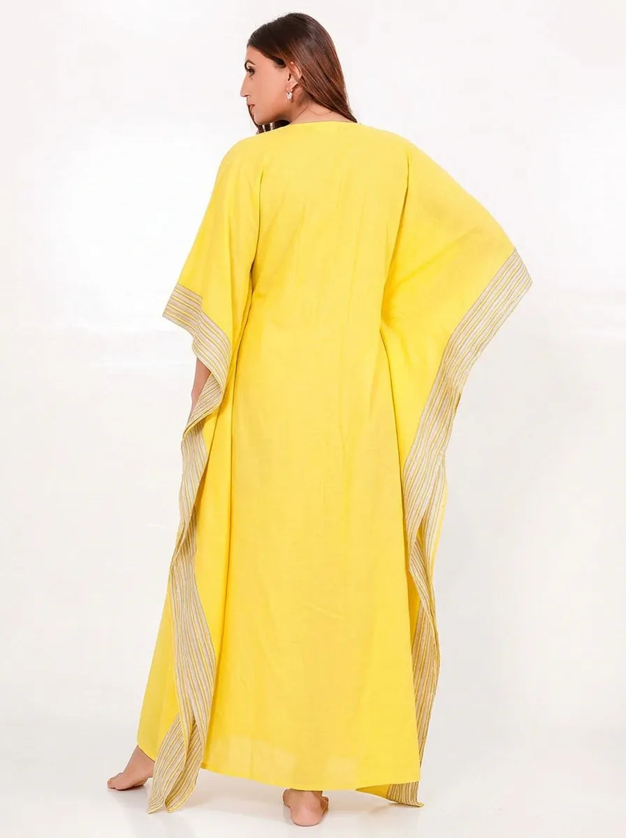 The Kaftan Company Kaftan Yellow Viscose Linen Blend Kaftan with Contrast Border