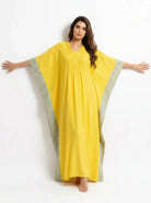 The Kaftan Company Kaftan Yellow Viscose Linen Blend Kaftan with Contrast Border