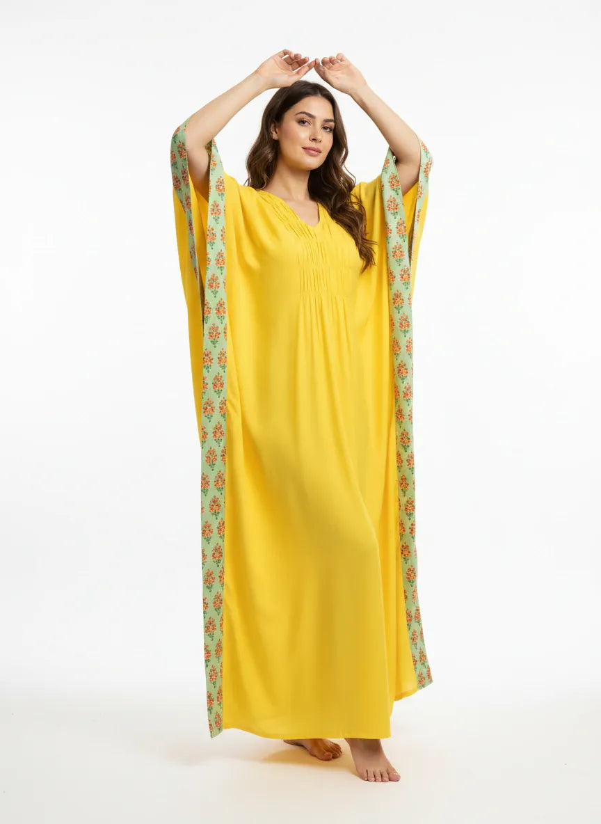 The Kaftan Company Kaftan Yellow Viscose Linen Blend Kaftan with Contrast Border