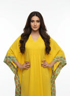 The Kaftan Company Kaftan Yellow Viscose Linen Blend Kaftan with Contrast Border