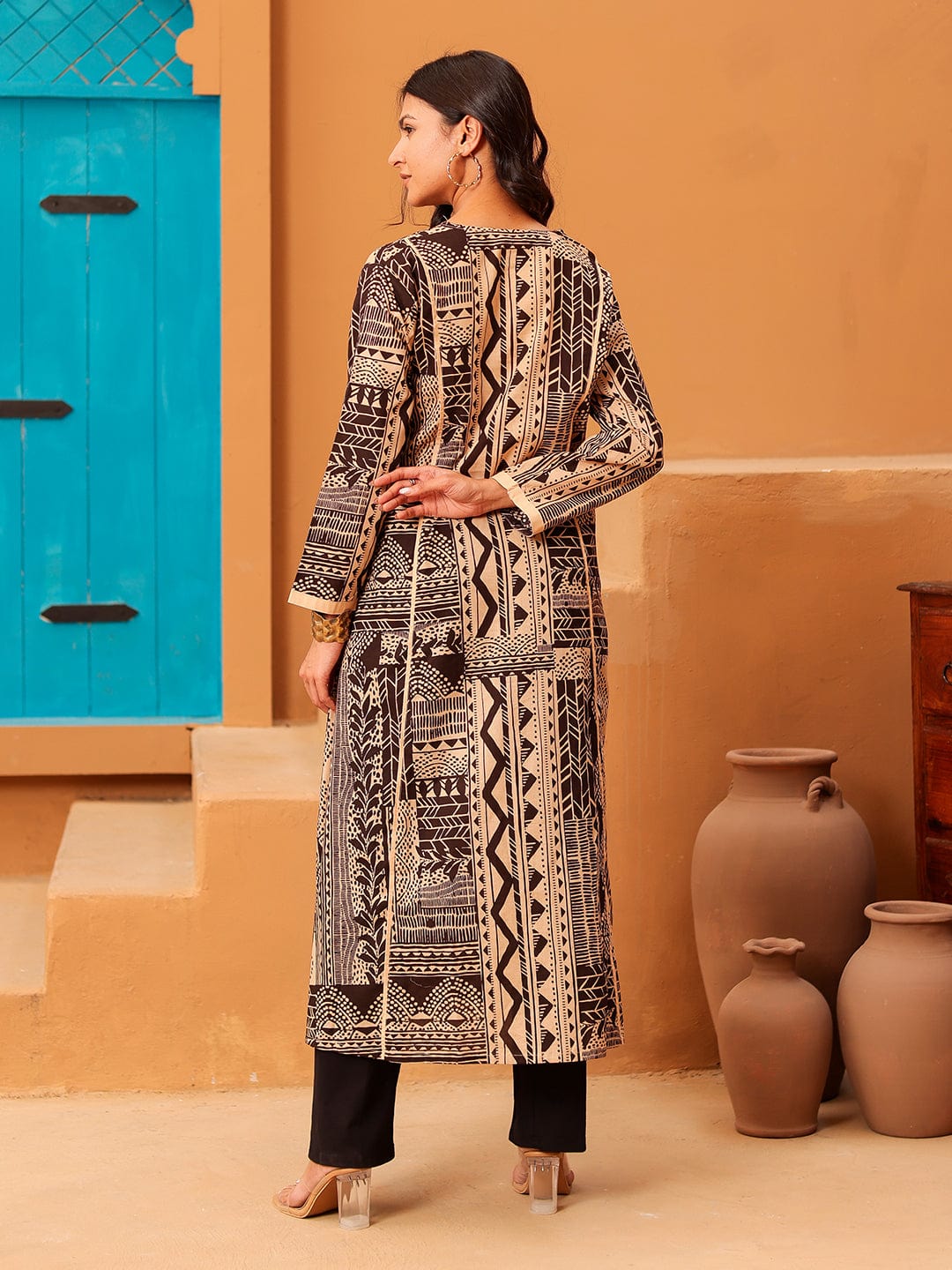 The Kaftan Company Kurta Beige And Brown Printed Cotton Anarkali Kurta