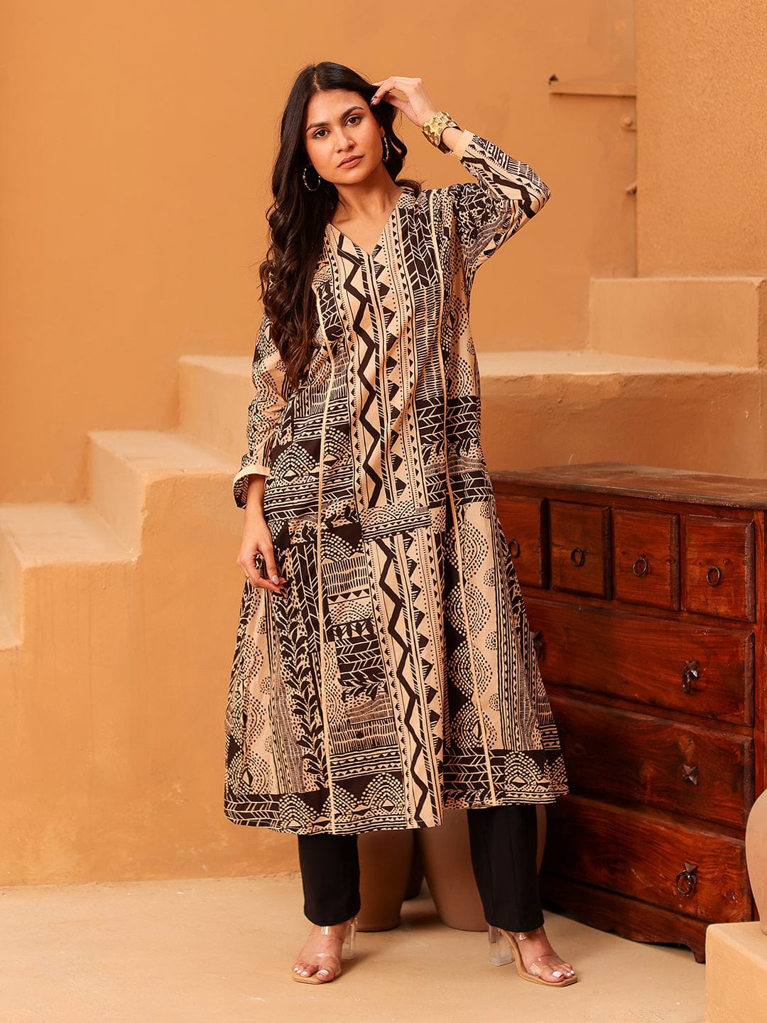The Kaftan Company Kurta Beige And Brown Printed Cotton Anarkali Kurta