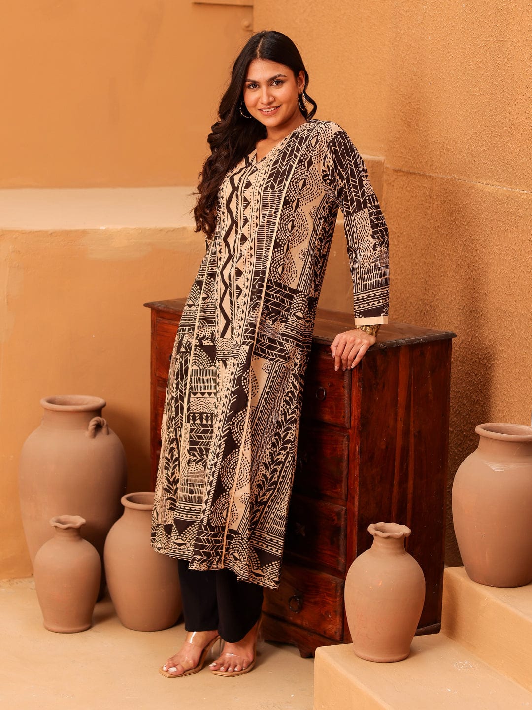 The Kaftan Company Kurta Beige And Brown Printed Cotton Anarkali Kurta