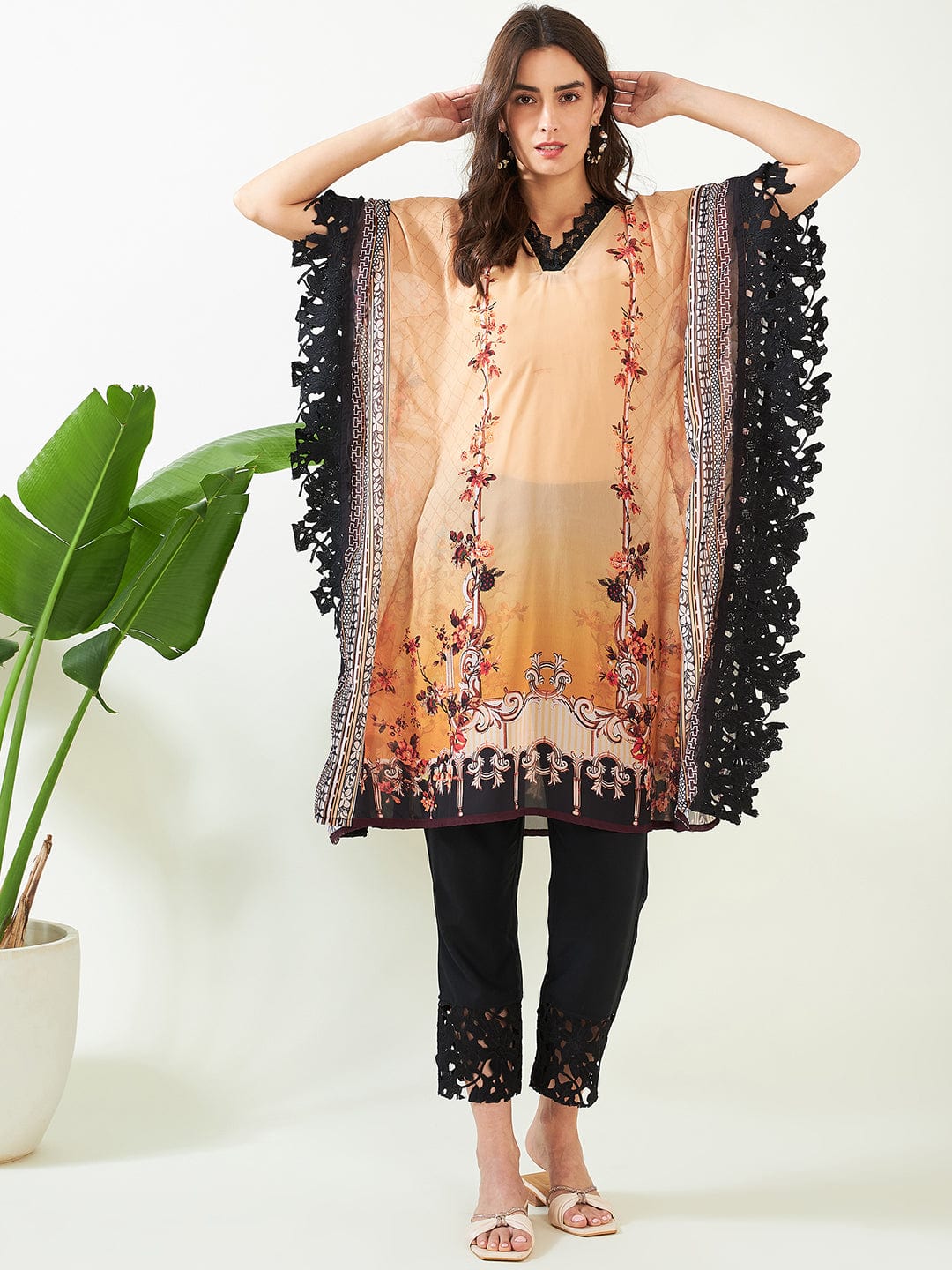 The Kaftan Company Kurta Beige Vintage Garden Whisper Georgette Kurta