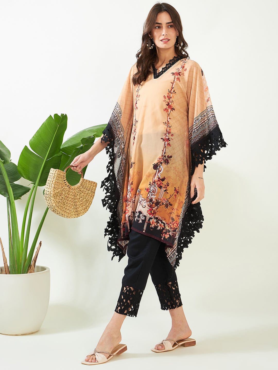 The Kaftan Company Kurta Beige Vintage Garden Whisper Georgette Kurta
