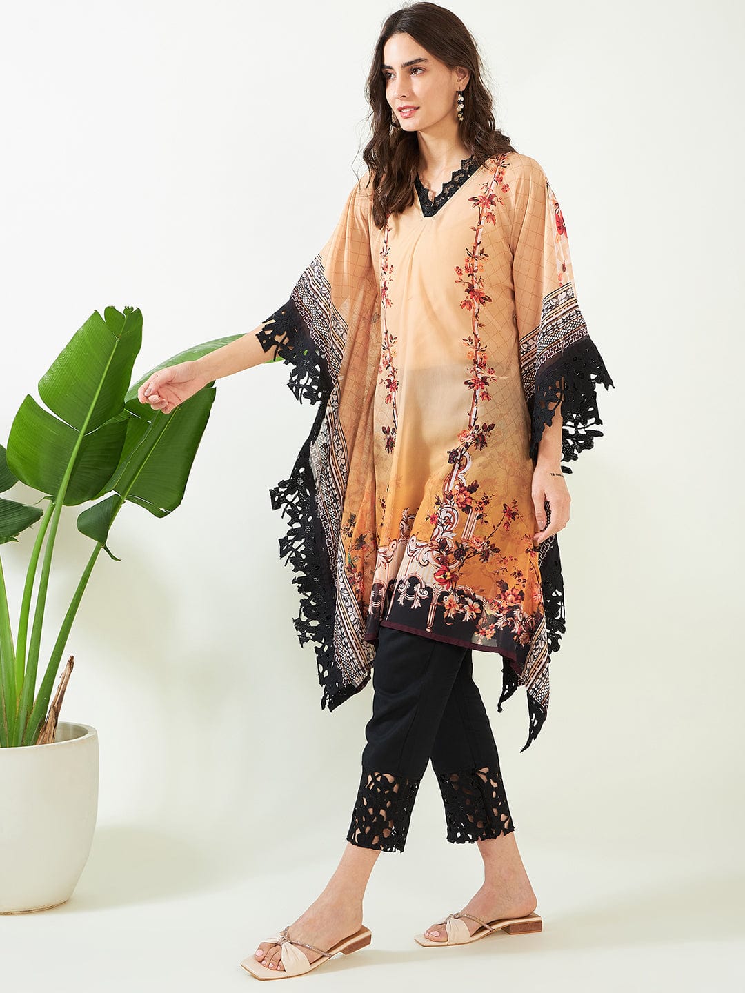 The Kaftan Company Kurta Beige Vintage Garden Whisper Georgette Kurta
