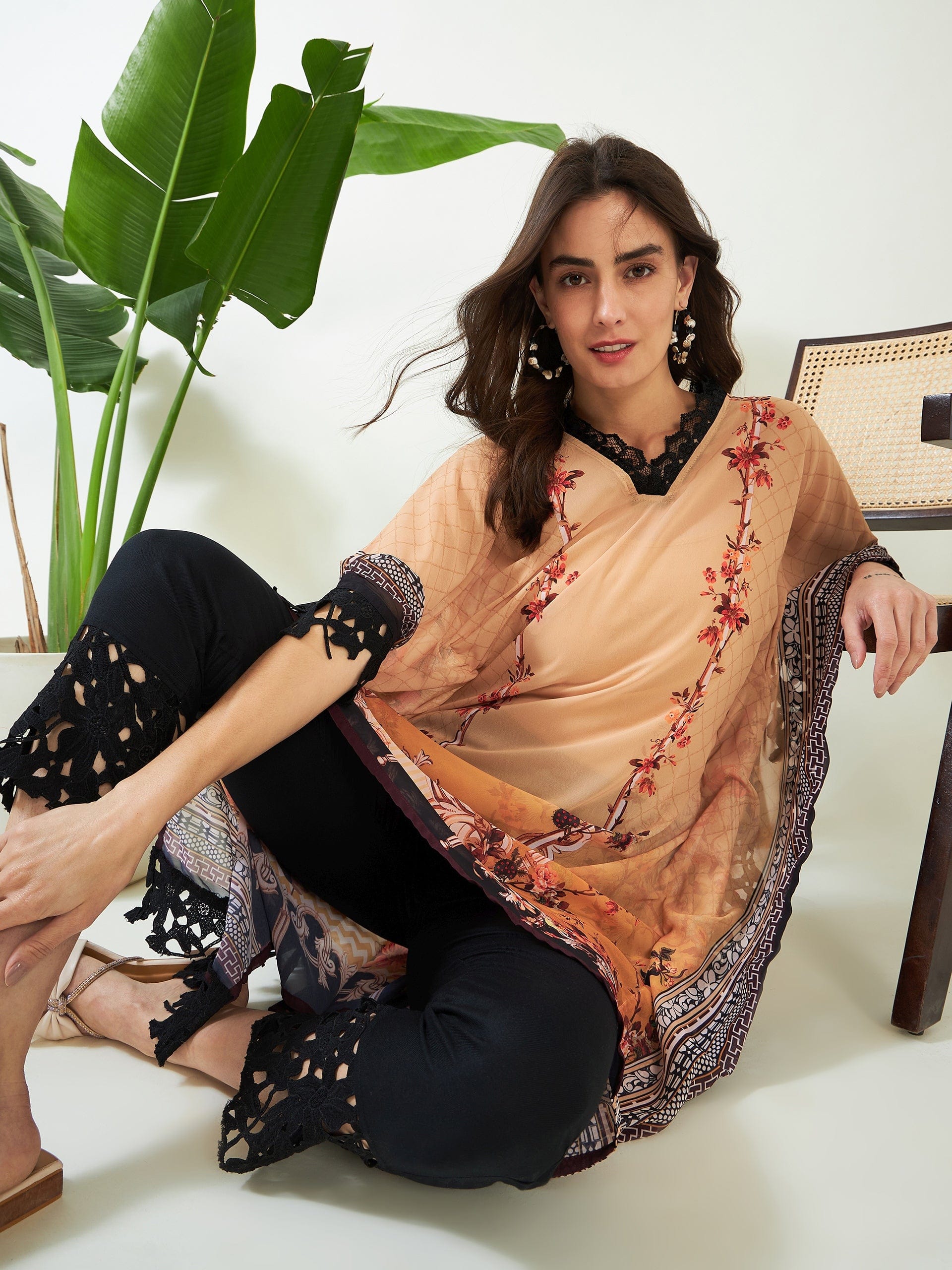 The Kaftan Company Kurta Beige Vintage Garden Whisper Georgette Kurta