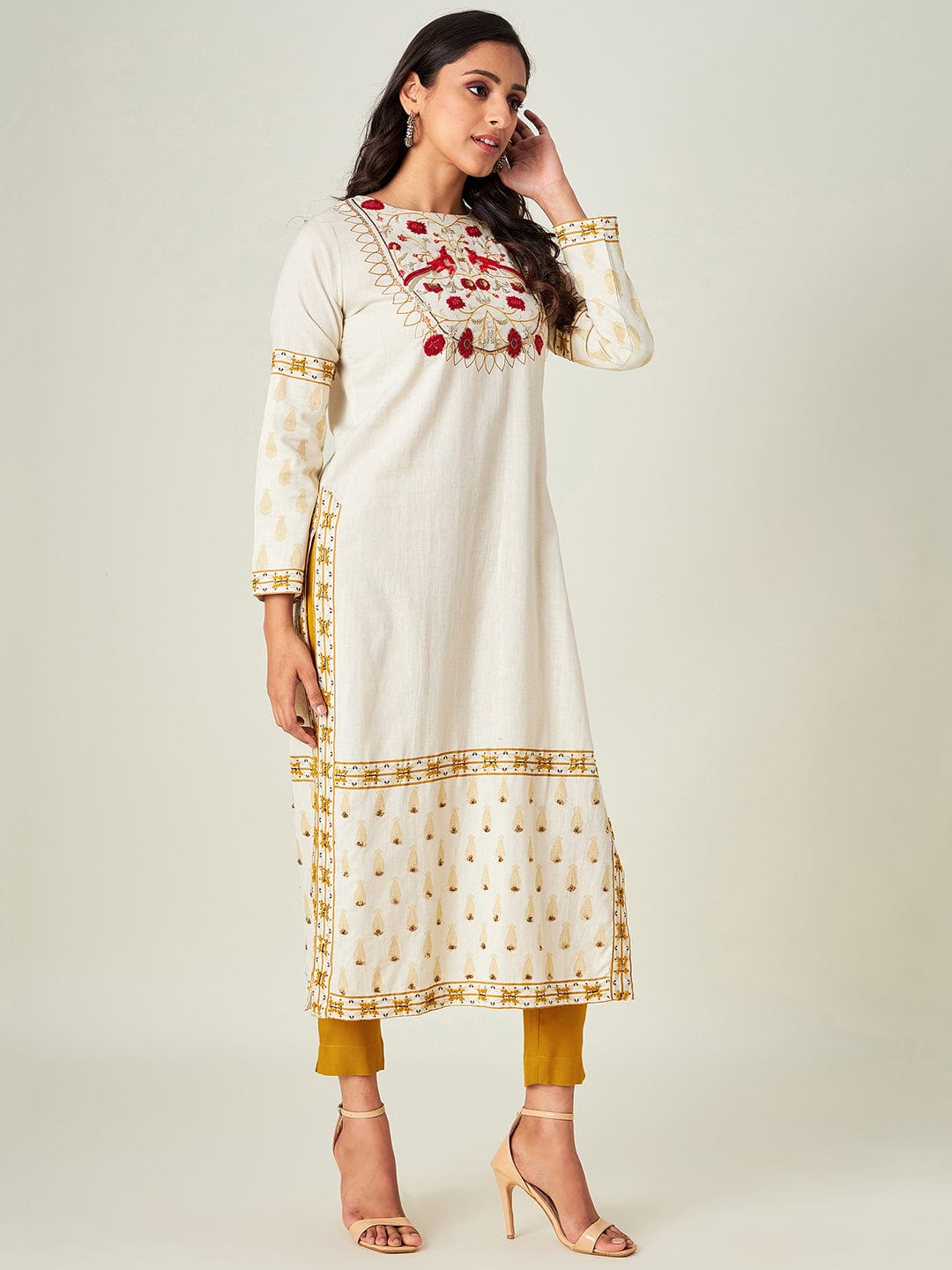 The Kaftan Company Kurta Birds of paradise Yoke Cotton Kurta Set