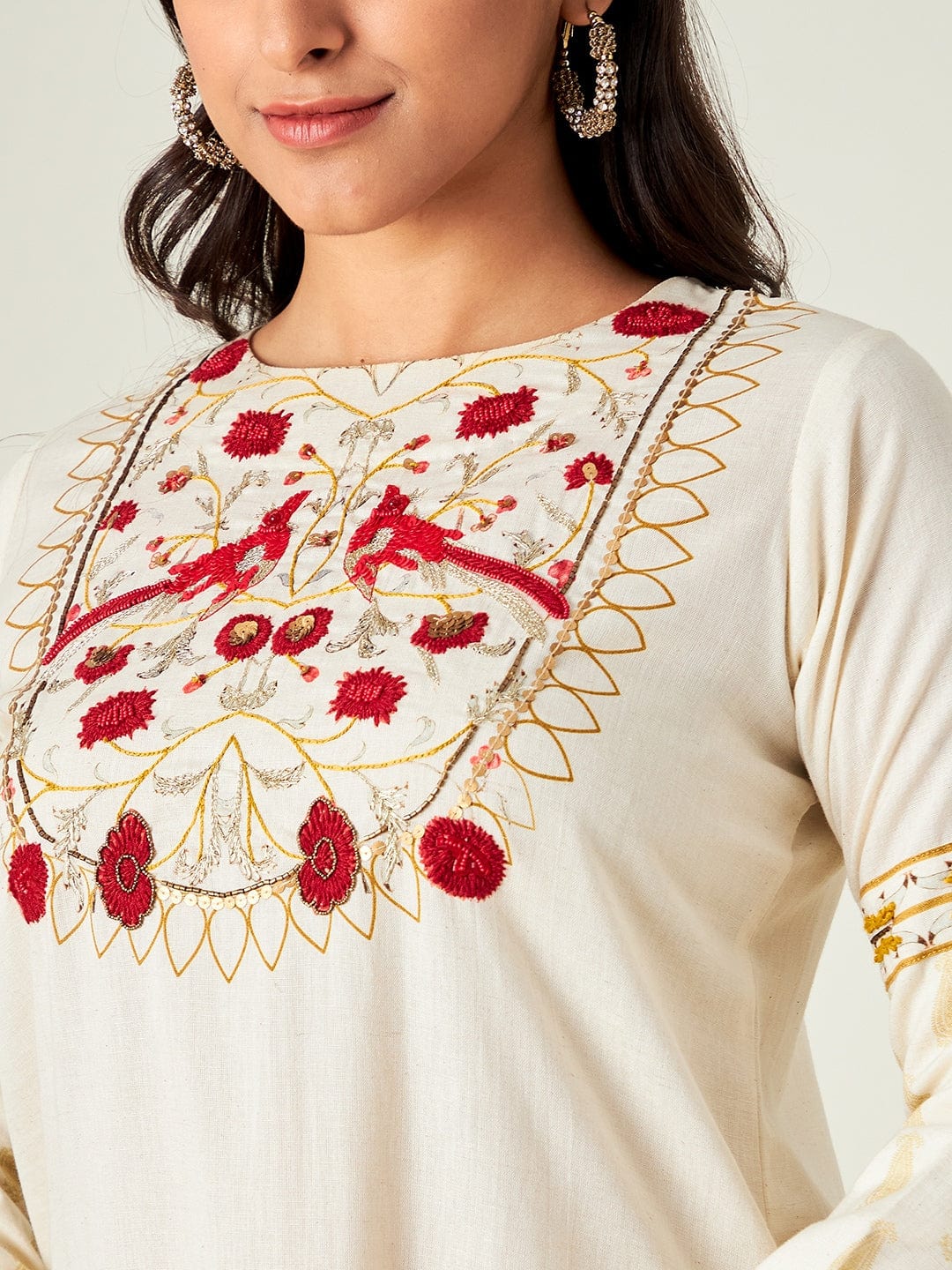 The Kaftan Company Kurta Birds of paradise Yoke Cotton Kurta Set
