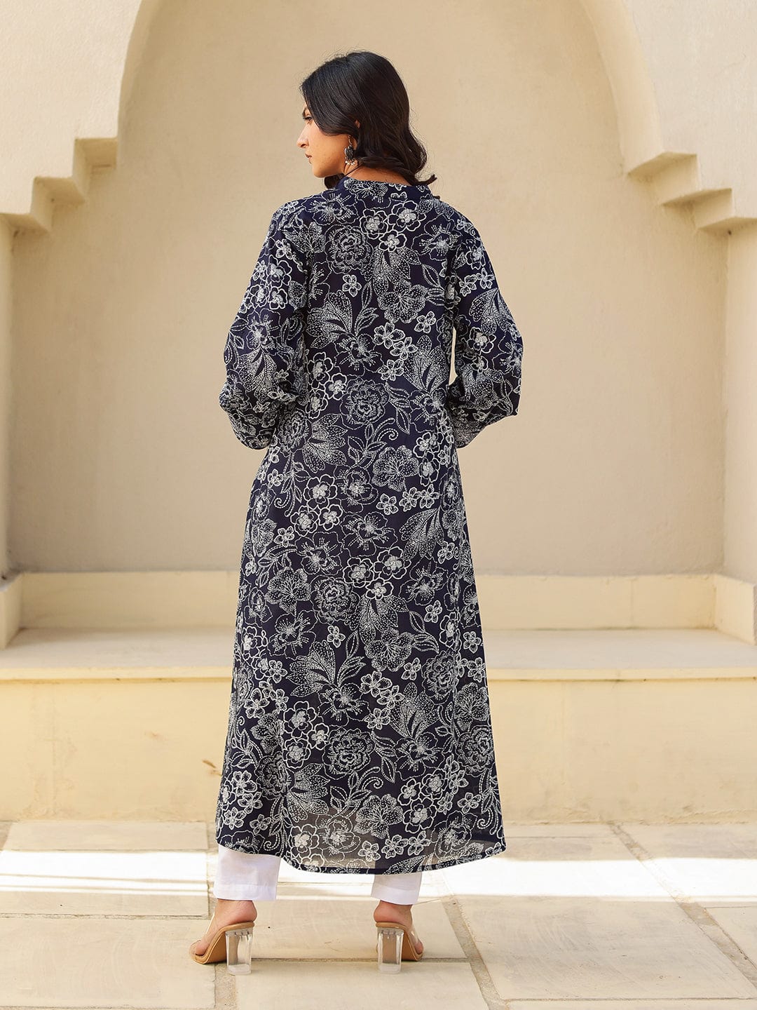 The Kaftan Company Kurta Black and White Outline Floral Print A-Line Cotton Kurta