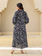 The Kaftan Company Kurta Black and White Outline Floral Print A-Line Cotton Kurta