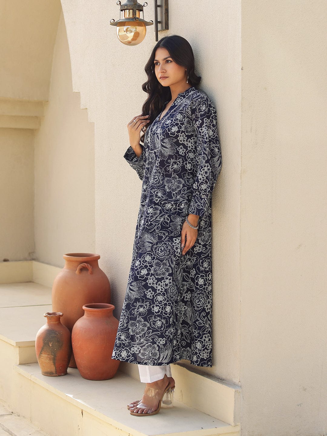 The Kaftan Company Kurta Black and White Outline Floral Print A-Line Cotton Kurta