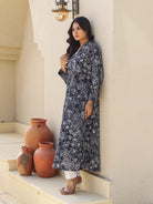 The Kaftan Company Kurta Black and White Outline Floral Print A-Line Cotton Kurta