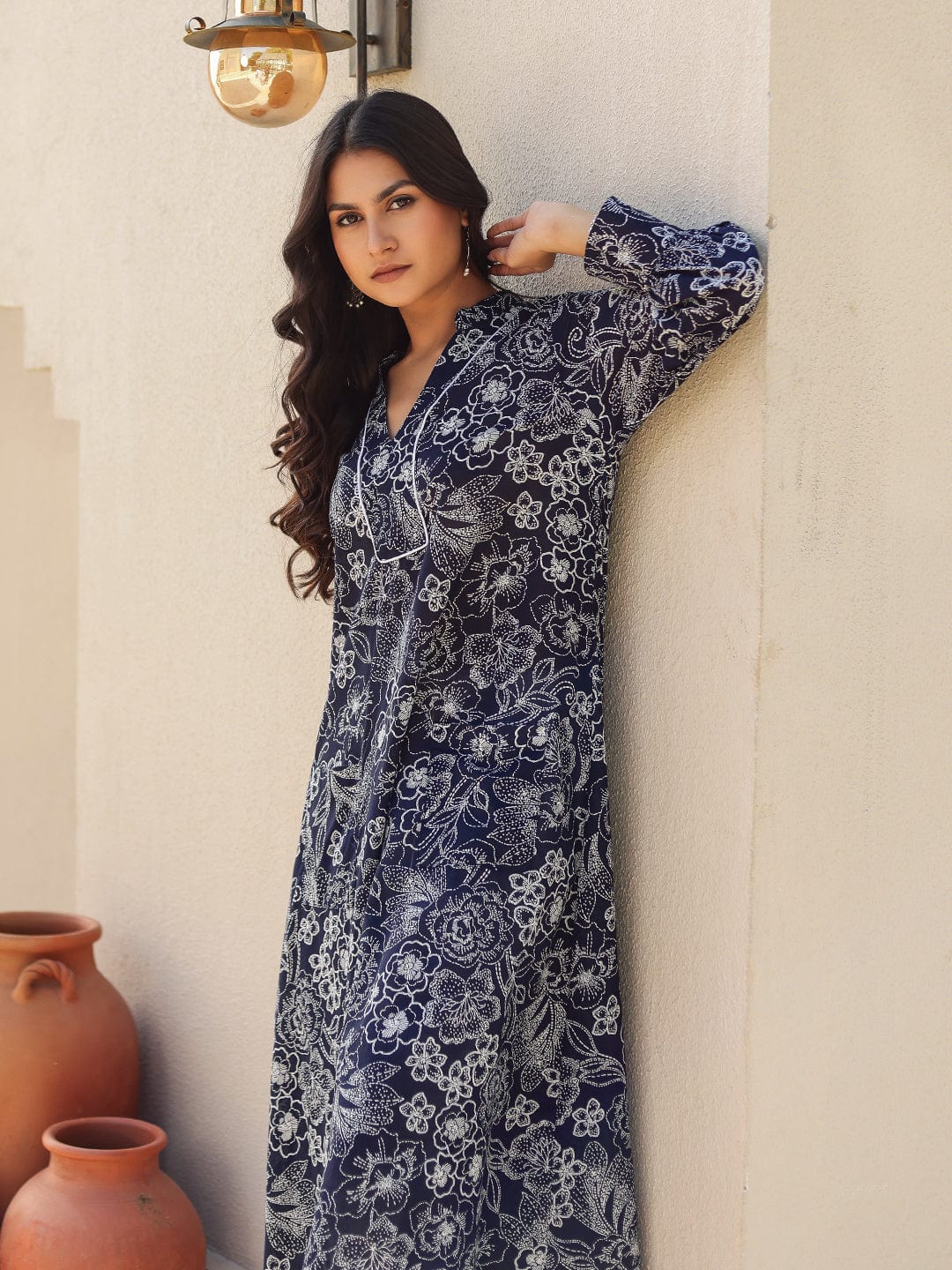 The Kaftan Company Kurta Black and White Outline Floral Print A-Line Cotton Kurta