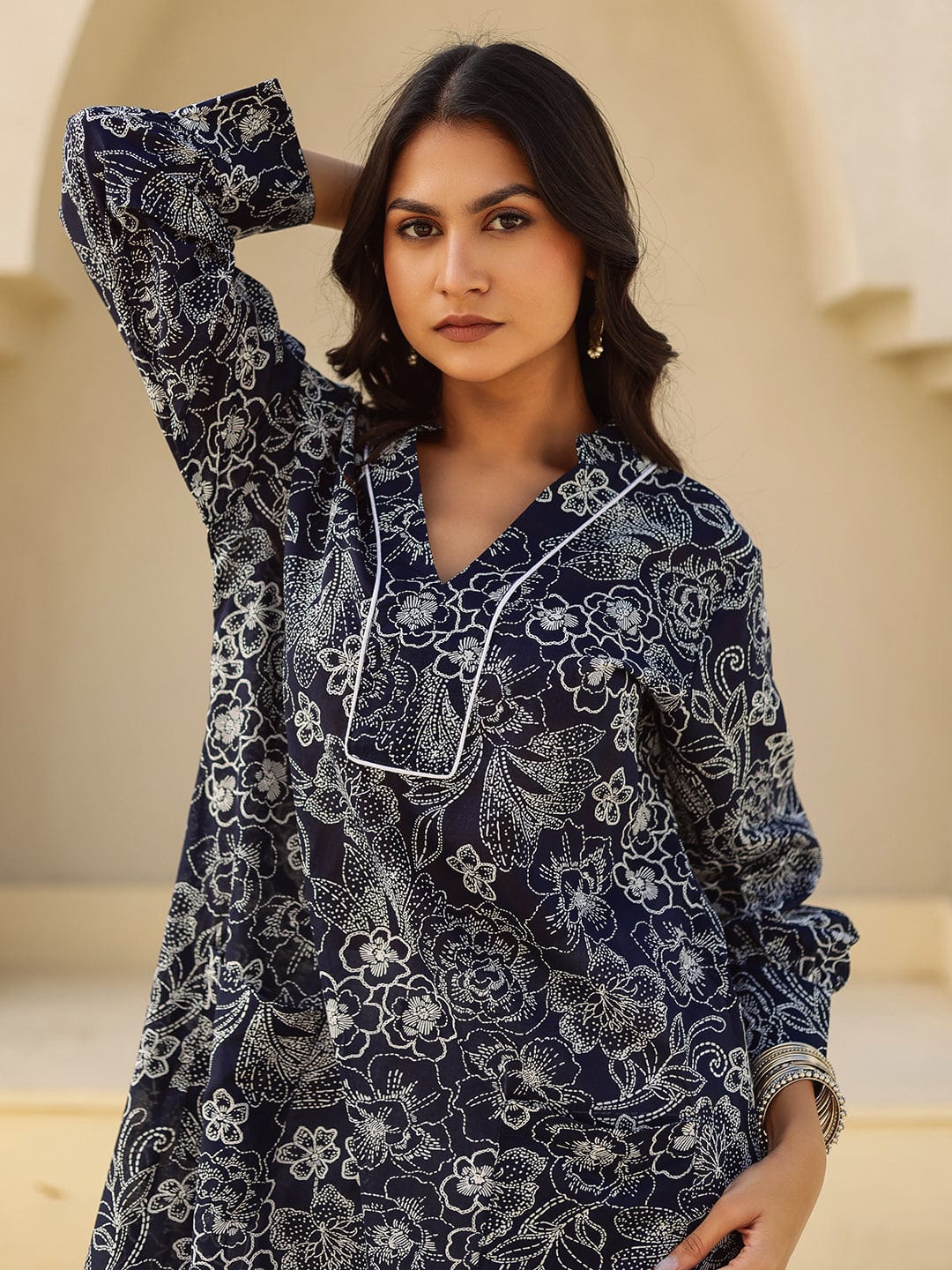 The Kaftan Company Kurta Black and White Outline Floral Print A-Line Cotton Kurta