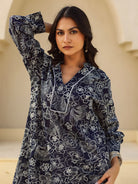 The Kaftan Company Kurta Black and White Outline Floral Print A-Line Cotton Kurta