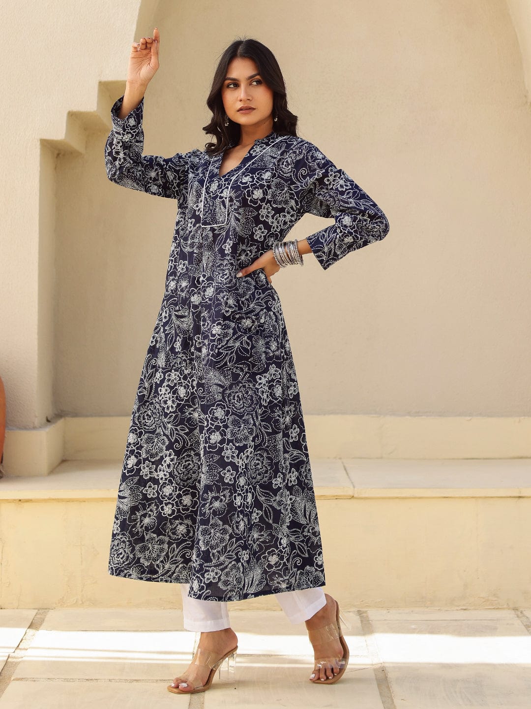 The Kaftan Company Kurta Black and White Outline Floral Print A-Line Cotton Kurta