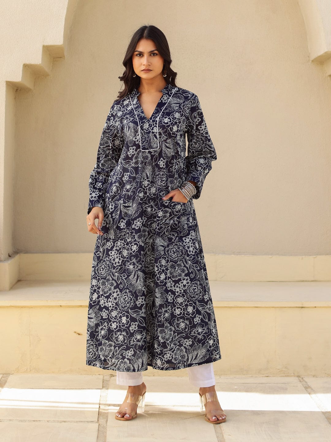 The Kaftan Company Kurta Black and White Outline Floral Print A-Line Cotton Kurta