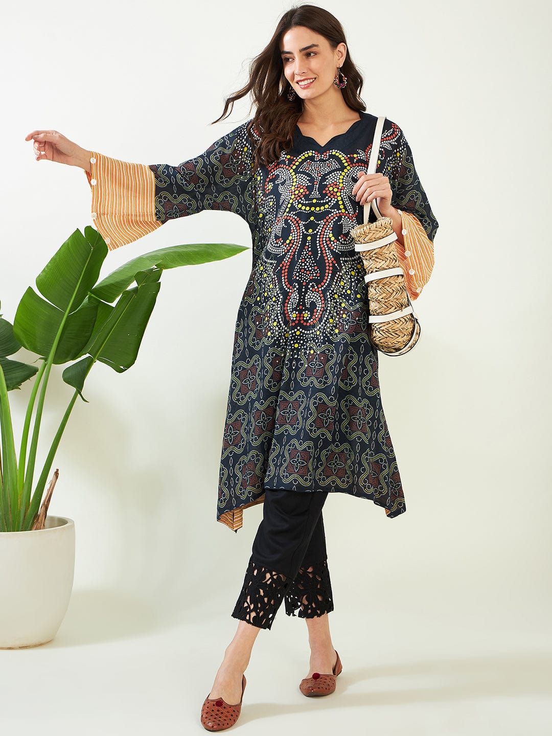 The Kaftan Company Kurta Black Dotted Bandhini Kurta