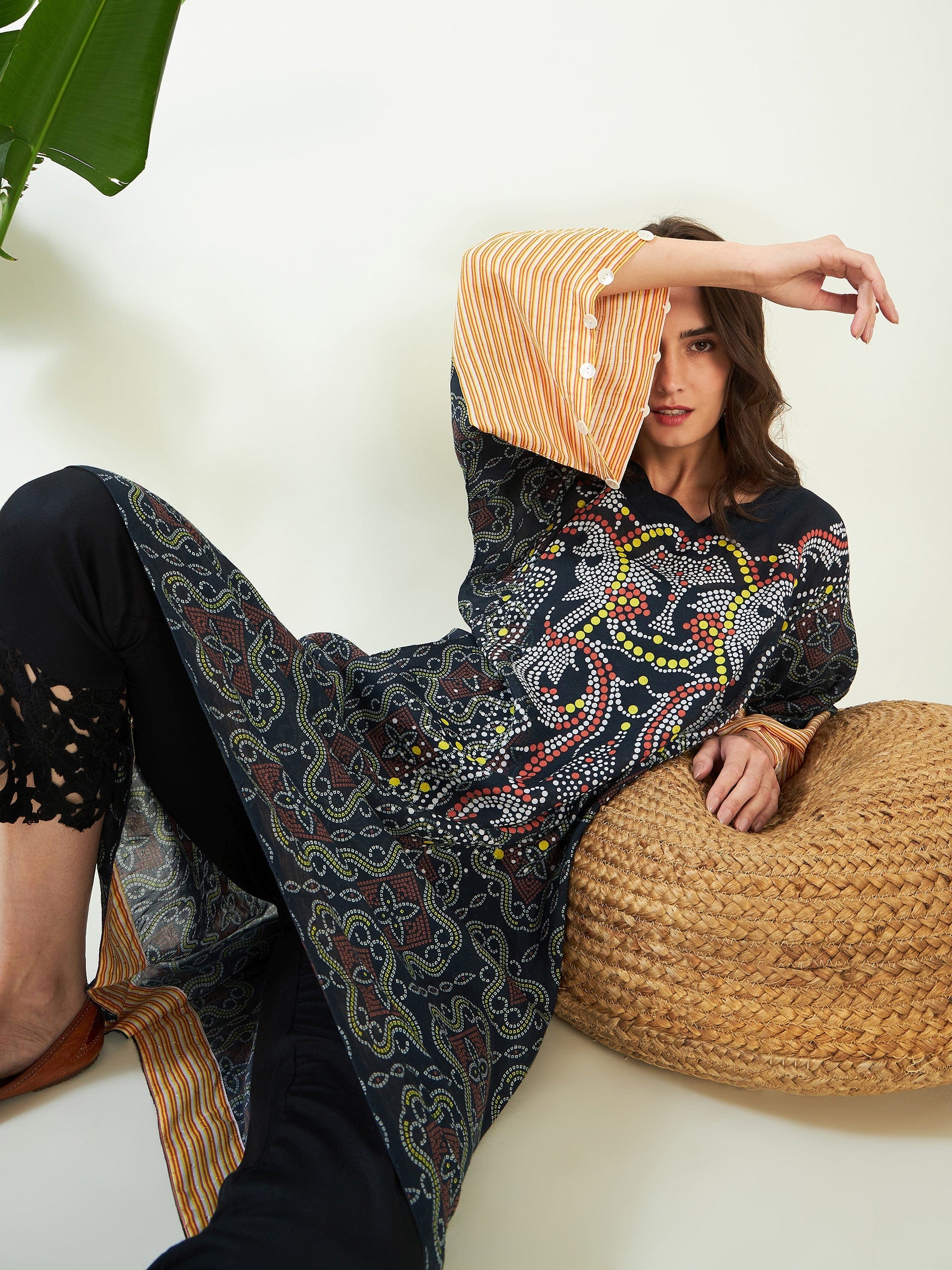 The Kaftan Company Kurta Black Dotted Bandhini Kurta