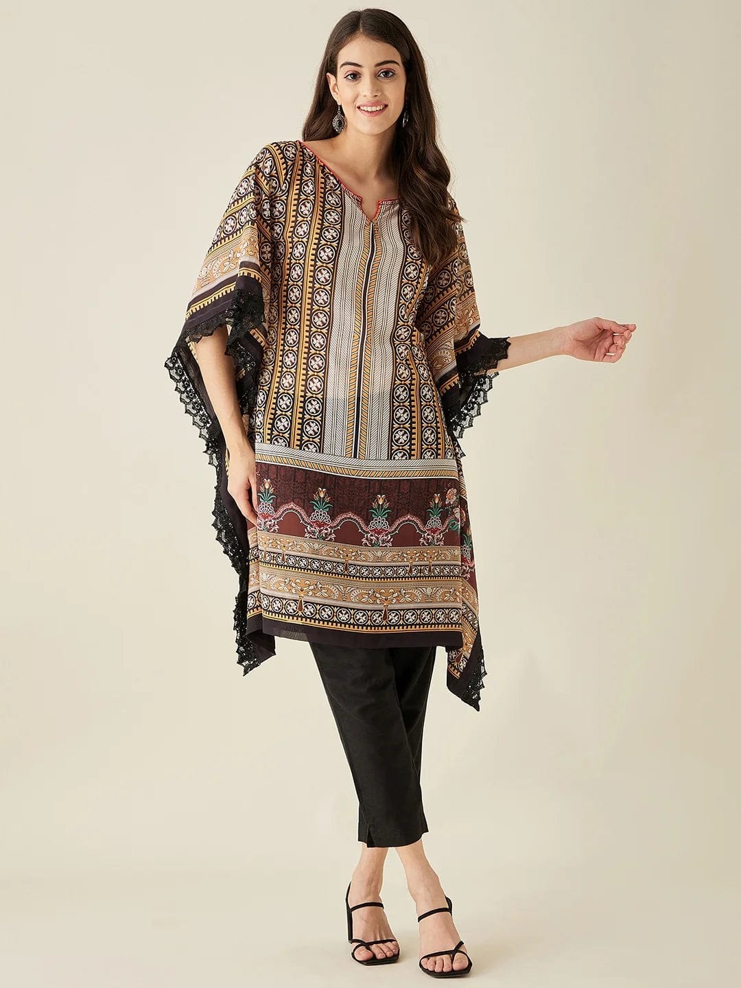 The Kaftan Company Kurta Black Geometric Floral Printed Kaftan Kurta