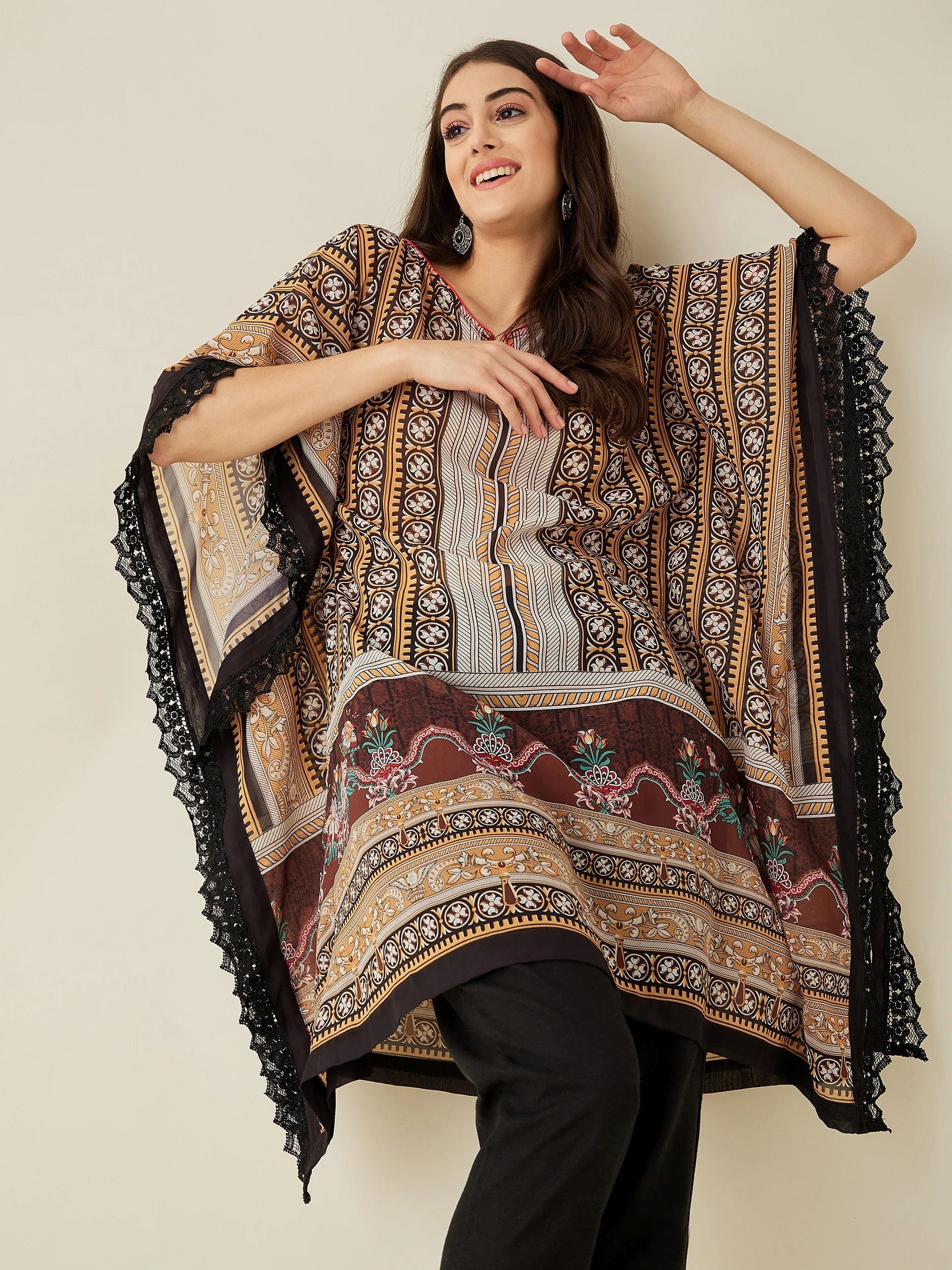 The Kaftan Company Kurta Black Geometric Floral Printed Kaftan Kurta
