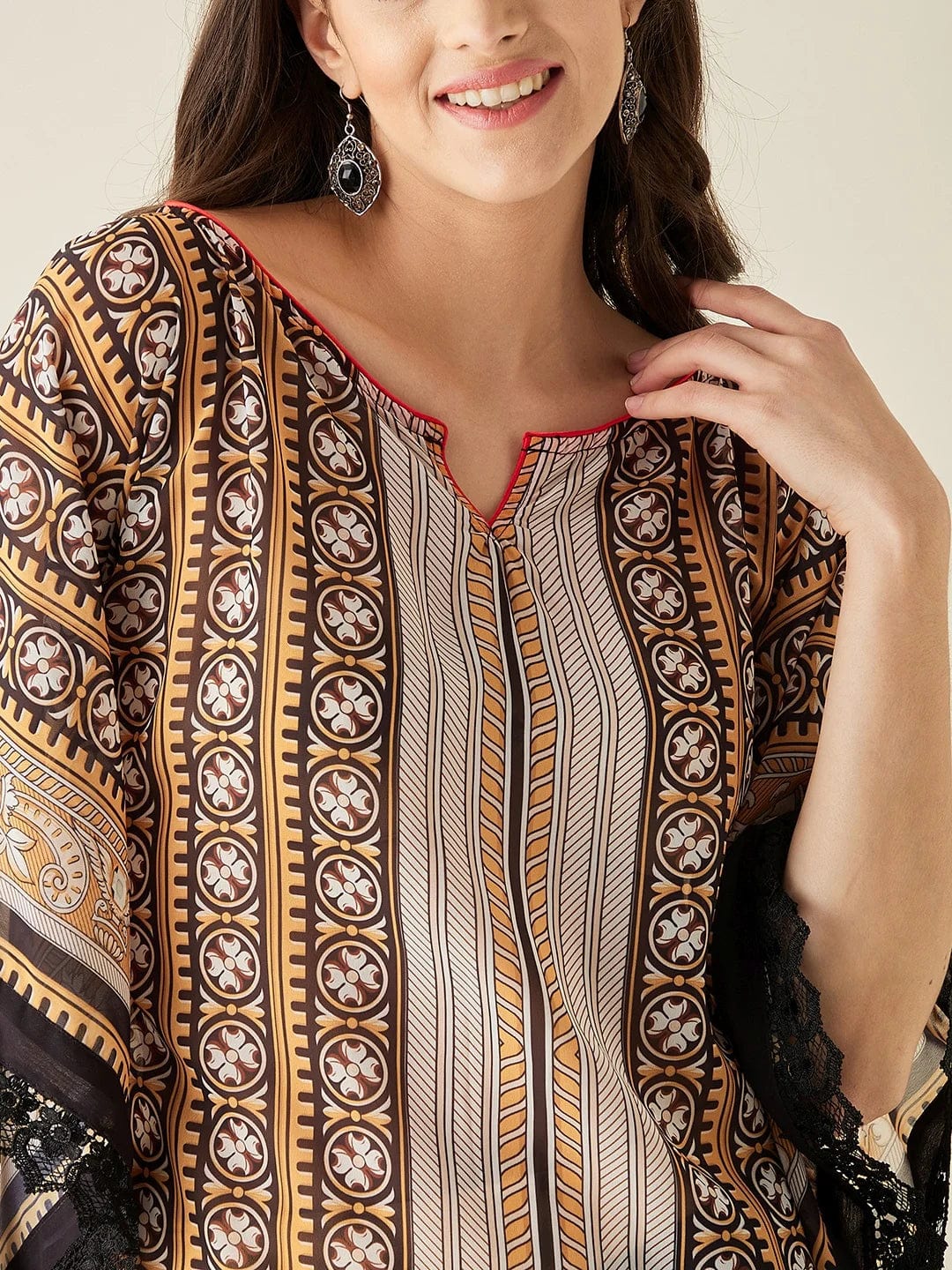 The Kaftan Company Kurta Black Geometric Floral Printed Kaftan Kurta