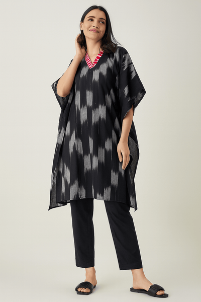 Black Ikat Cotton Kaftan Kurta with Contrast Neckline