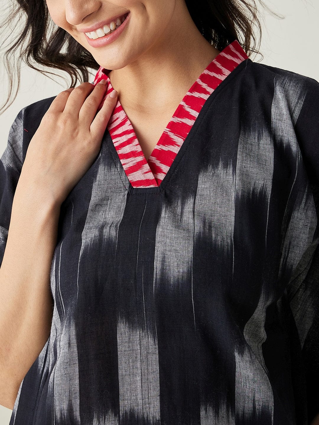 The Kaftan Company Kurta Black Ikat Cotton Kaftan Kurta with Contrast Neckline
