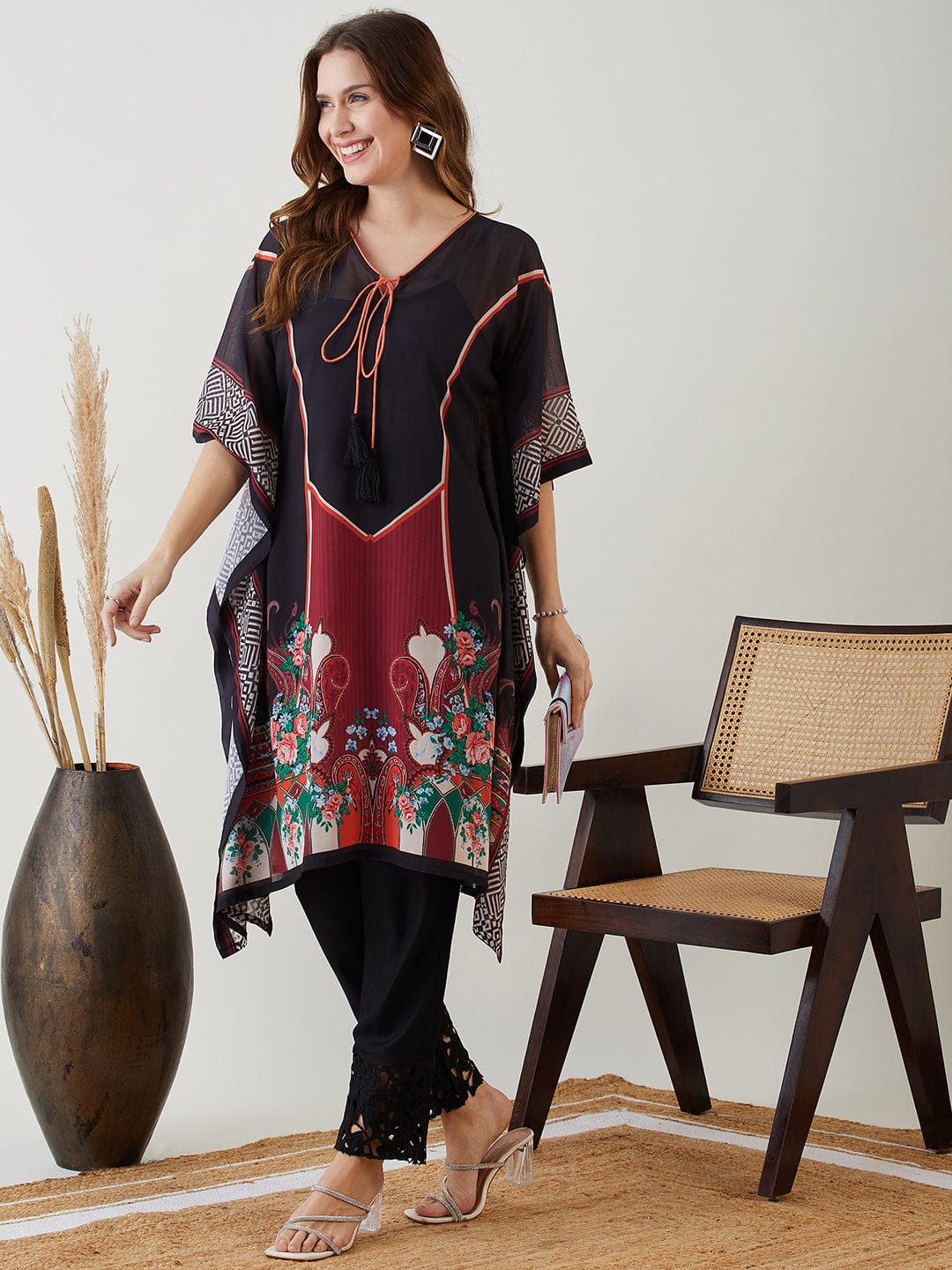 The Kaftan Company Kurta Black Majestic Printed Georgette Kaftan
