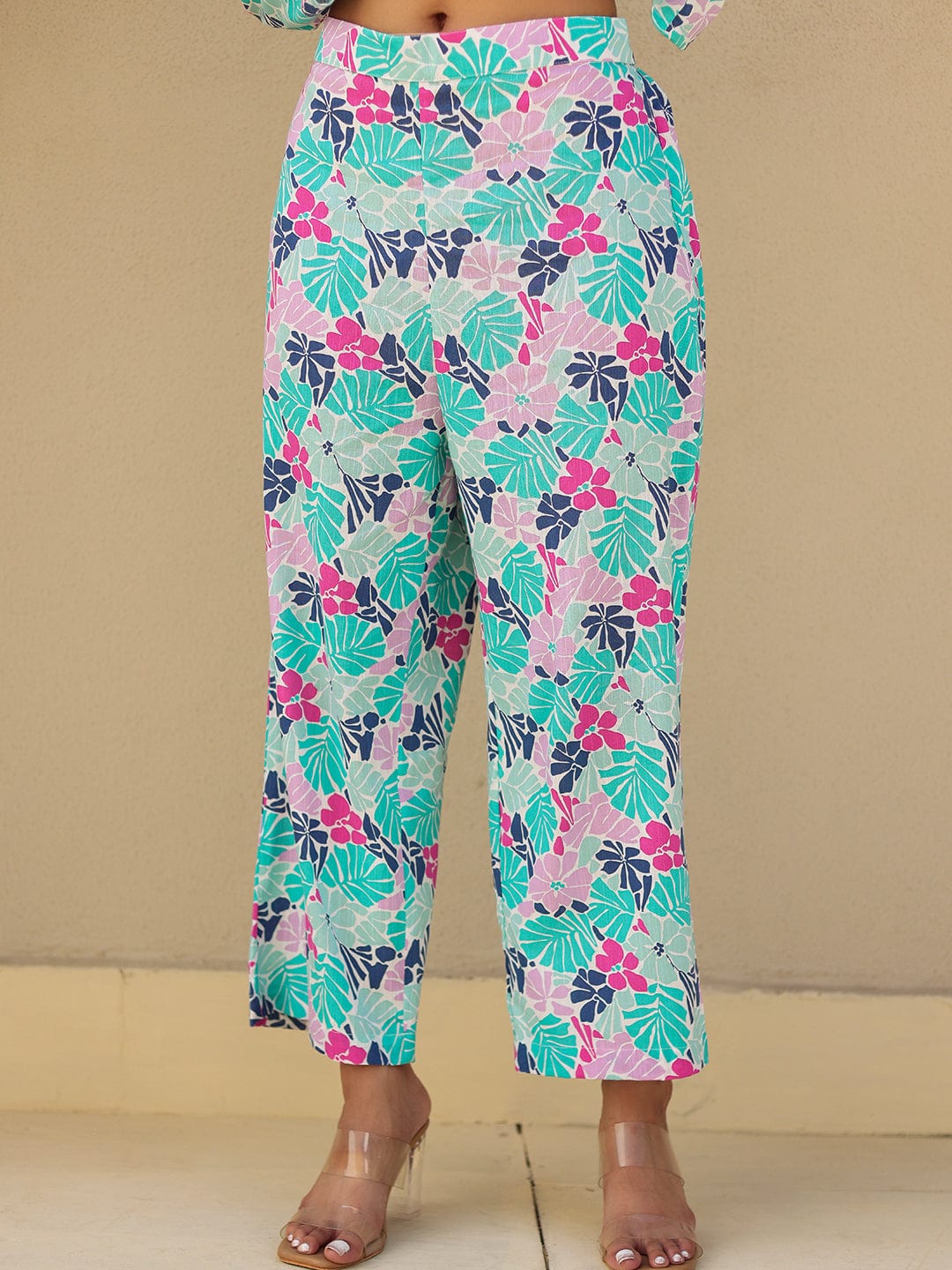 The Kaftan Company Kurta Blue and Pink Tropical Print Cotton Kurta Set