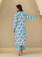 The Kaftan Company Kurta Blue and Pink Tropical Print Cotton Kurta Set