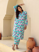 The Kaftan Company Kurta Blue and Pink Tropical Print Cotton Kurta Set