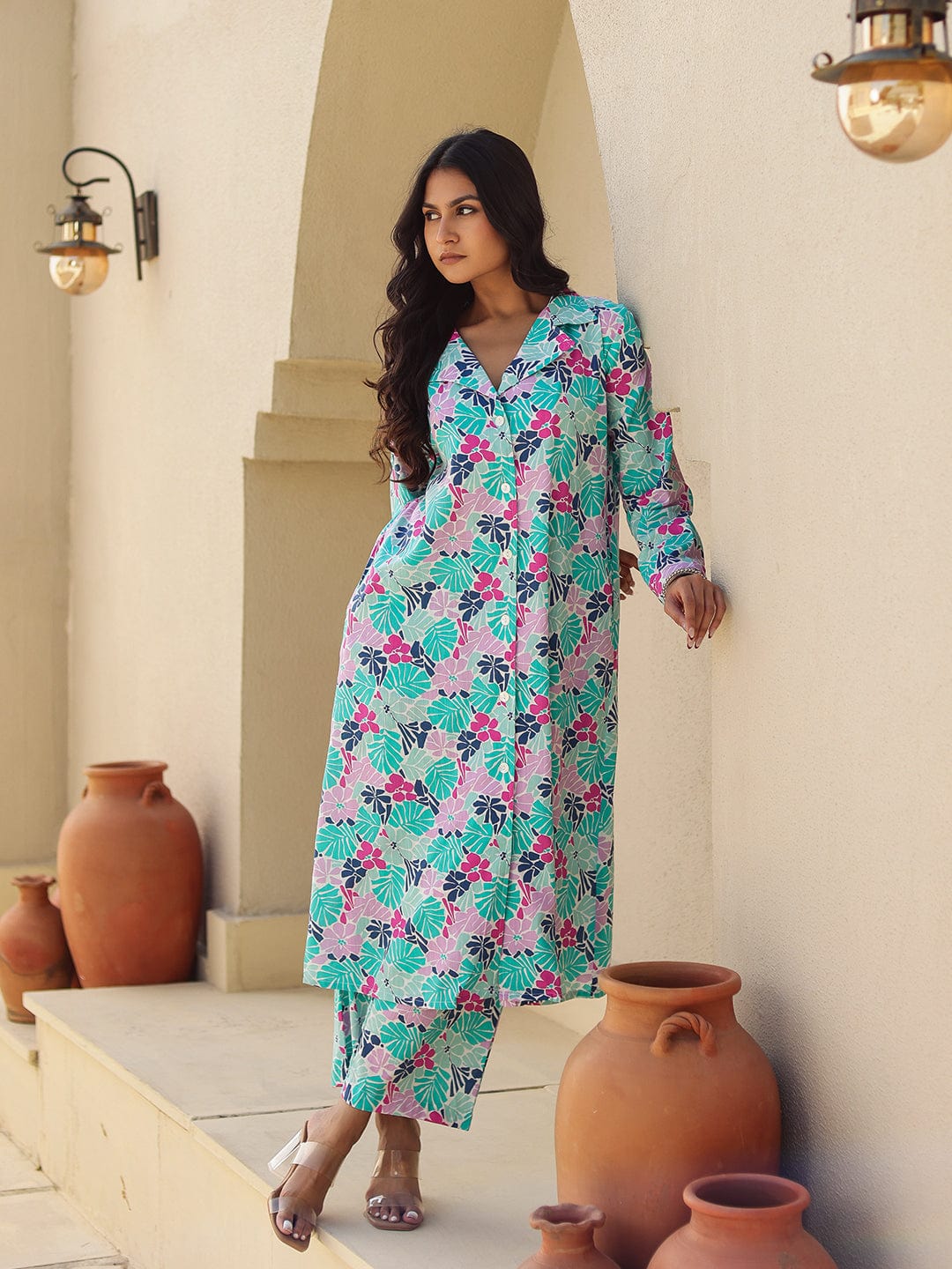 The Kaftan Company Kurta Blue and Pink Tropical Print Cotton Kurta Set