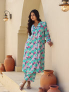 The Kaftan Company Kurta Blue and Pink Tropical Print Cotton Kurta Set