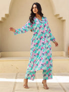 The Kaftan Company Kurta Blue and Pink Tropical Print Cotton Kurta Set