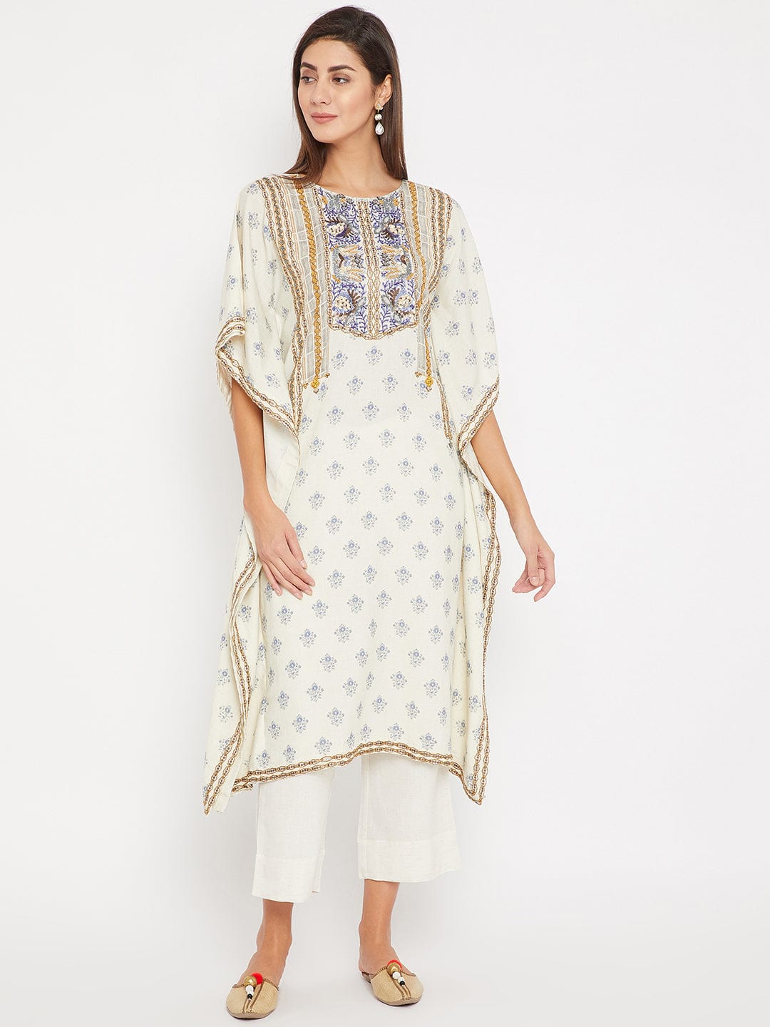 The Kaftan Company Kurta Blue And White Heavenly Embroidered Kaftan Kurta