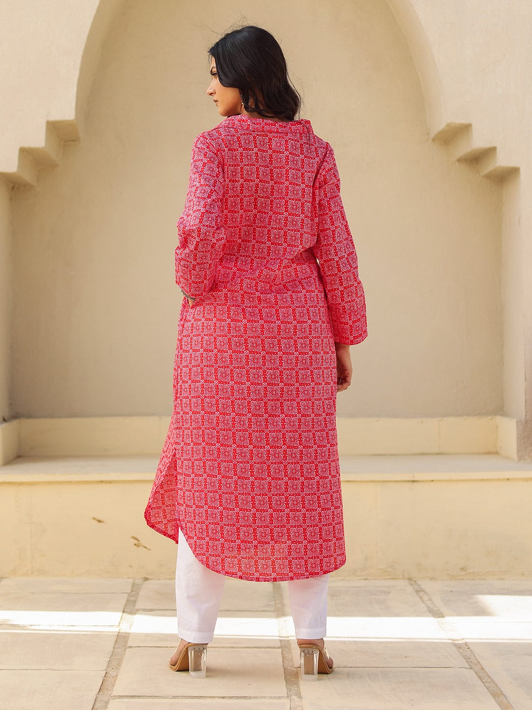 The Kaftan Company Kurta Bold Red Geometric Print Cotton Kurta