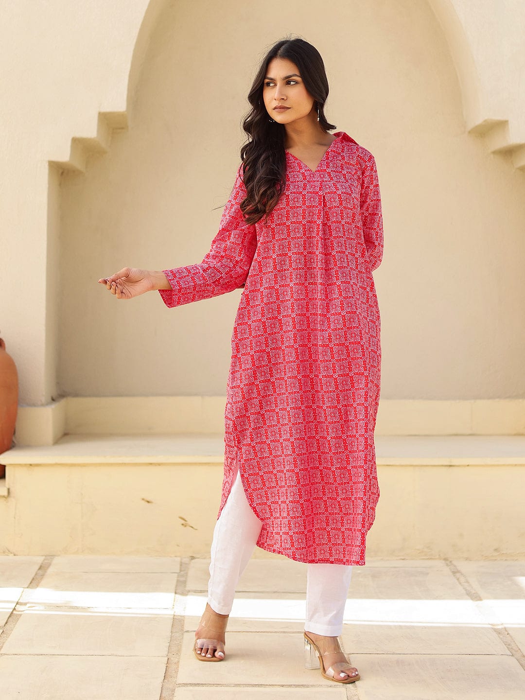 The Kaftan Company Kurta Bold Red Geometric Print Cotton Kurta