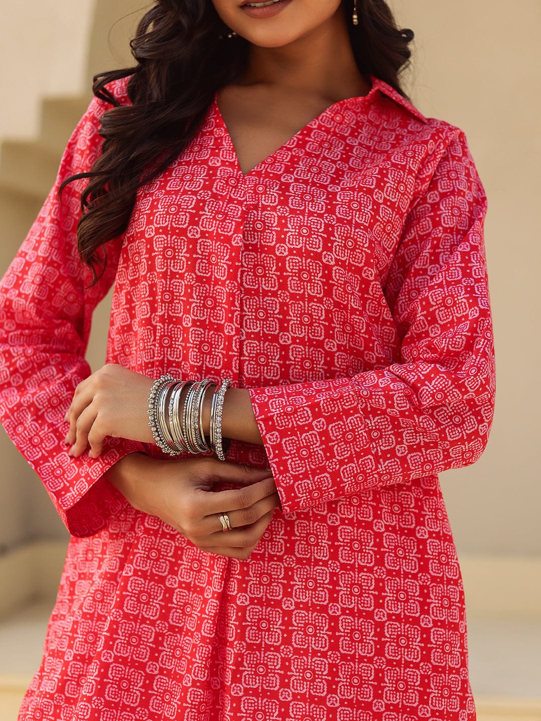 The Kaftan Company Kurta Bold Red Geometric Print Cotton Kurta