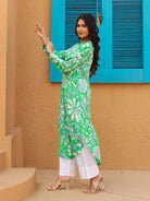The Kaftan Company Kurta Bright Green Abstract Floral Print Kurta With V-Neck