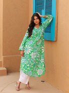The Kaftan Company Kurta Bright Green Abstract Floral Print Kurta With V-Neck
