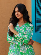 The Kaftan Company Kurta Bright Green Abstract Floral Print Kurta With V-Neck