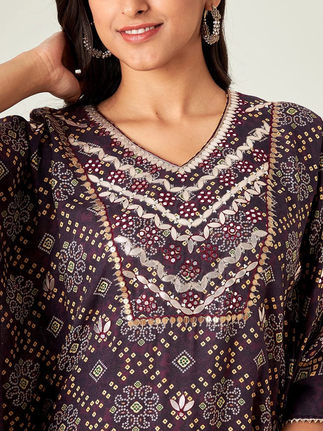 The Kaftan Company Kurta Brown Floral Bandhani Kaftan Kurta
