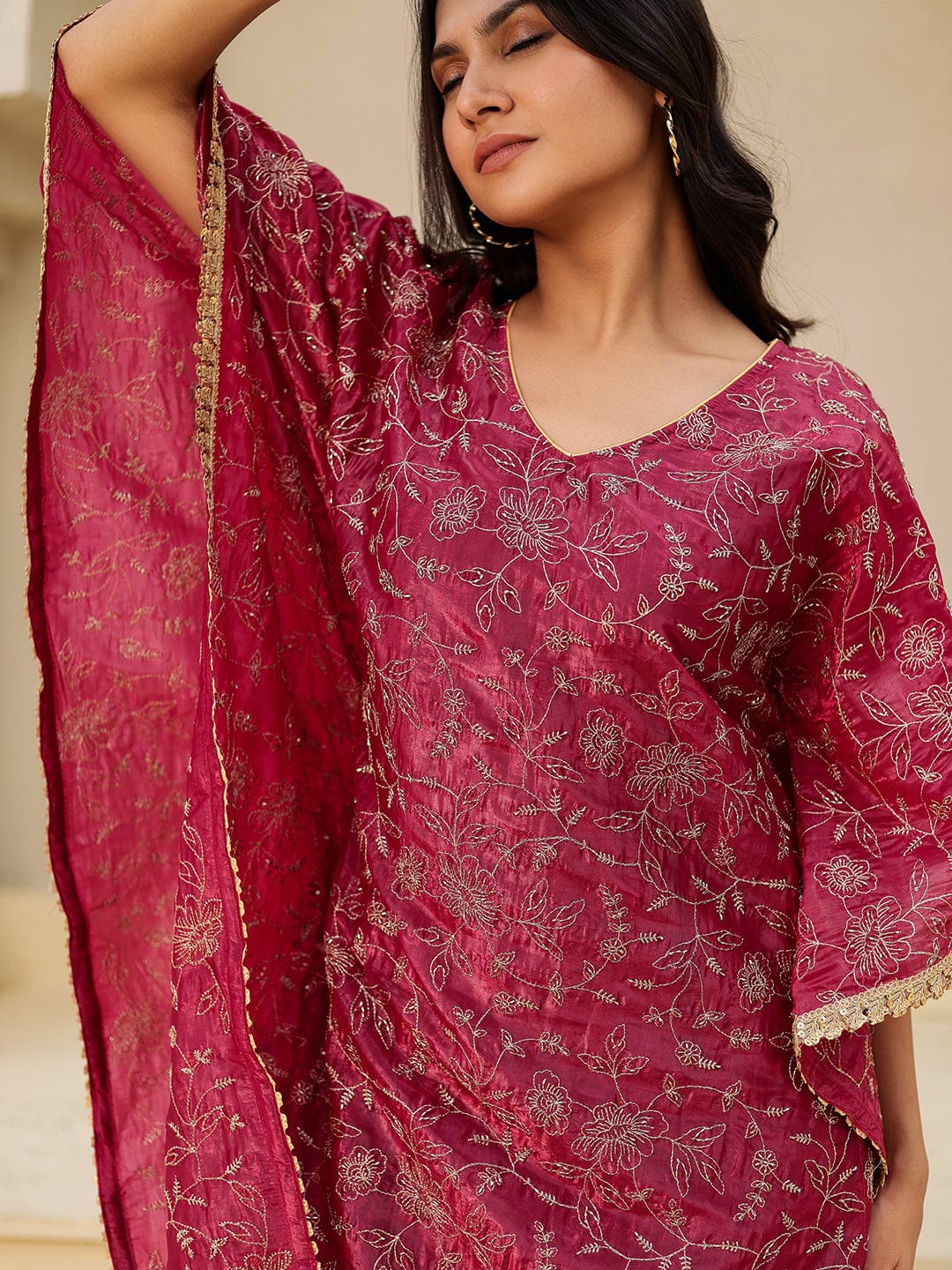 The Kaftan Company Kurta Festive Red Viscose Silk Embroidered Kaftan Kurta