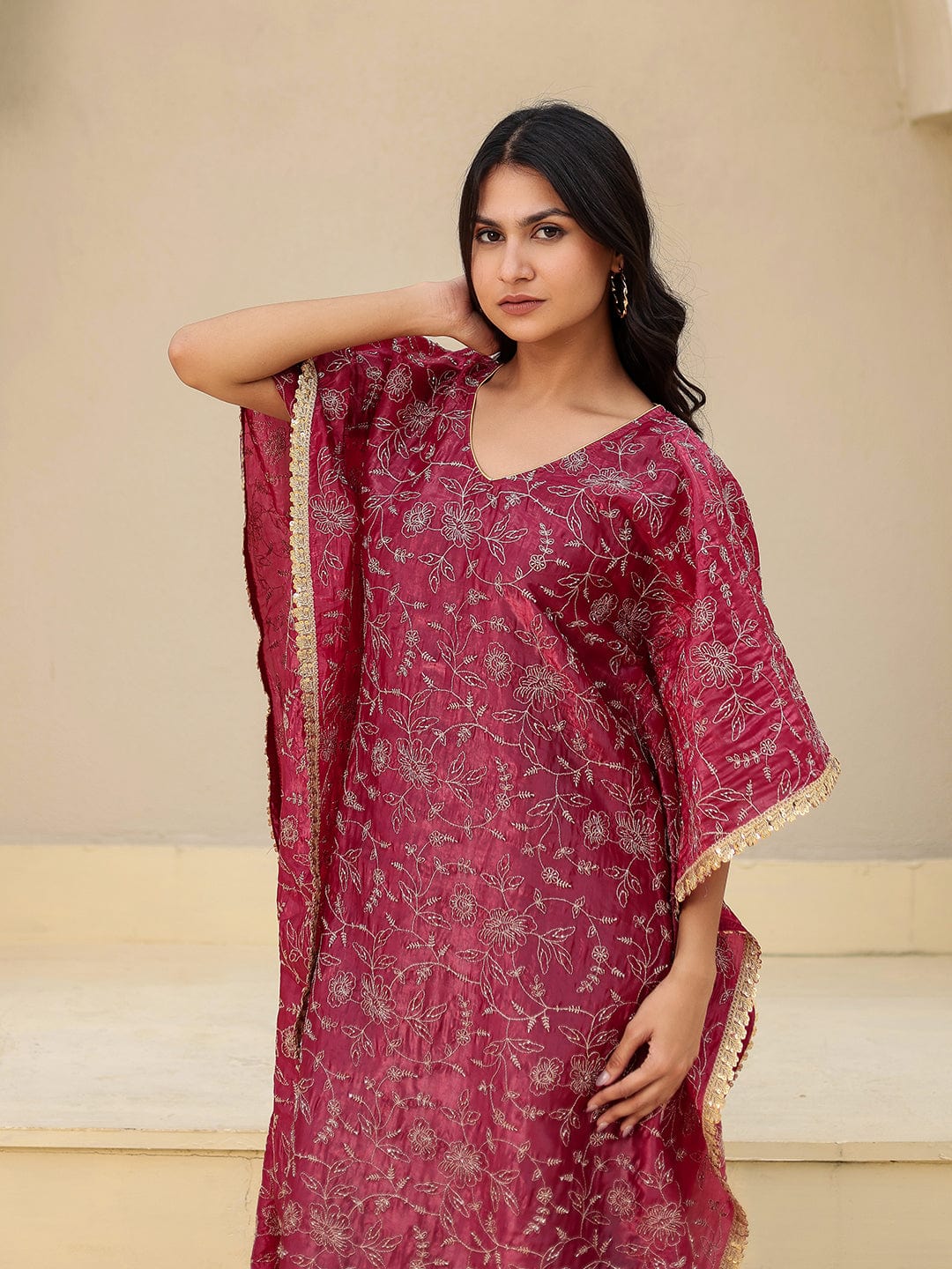 The Kaftan Company Kurta Festive Red Viscose Silk Embroidered Kaftan Kurta