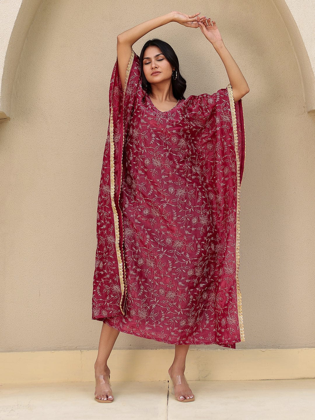 The Kaftan Company Kurta Festive Red Viscose Silk Embroidered Kaftan Kurta