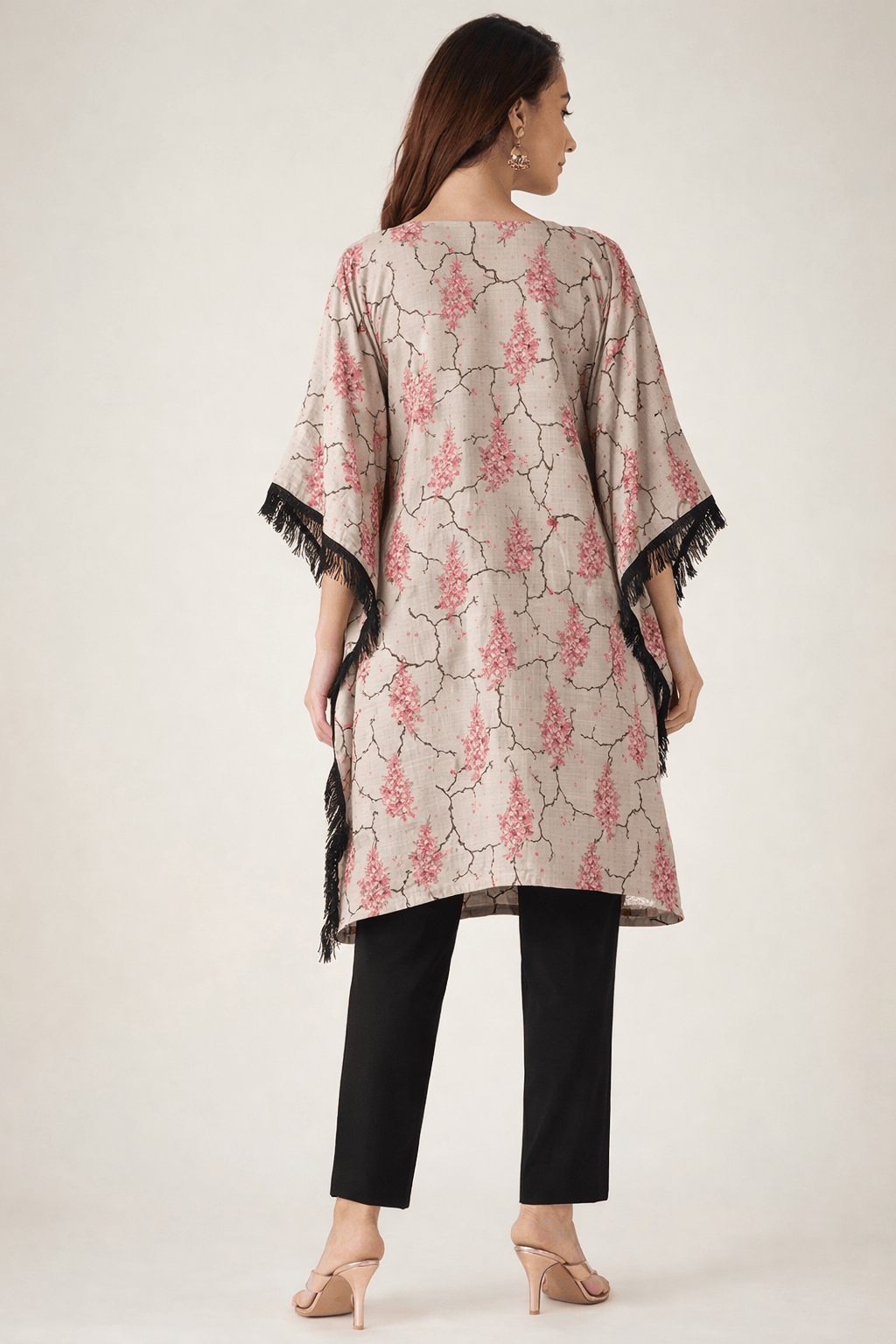 The Kaftan Company Kurta Grey Natural Crepe Kurta with Embellished Neckline & Fringe