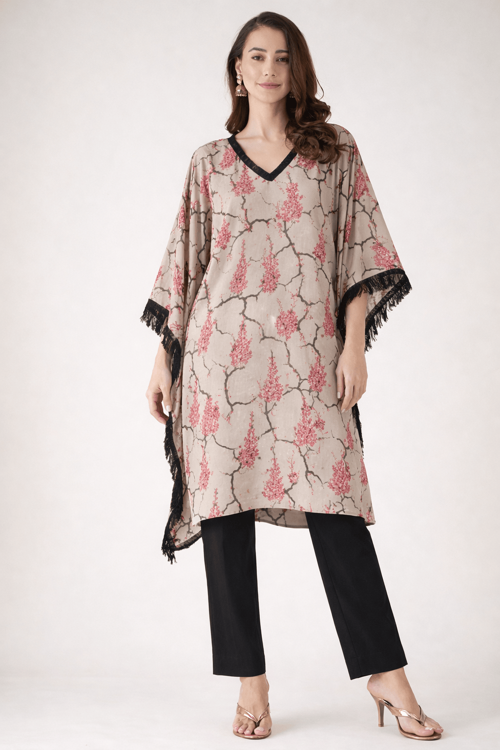 The Kaftan Company Kurta Grey Natural Crepe Kurta with Embellished Neckline & Fringe