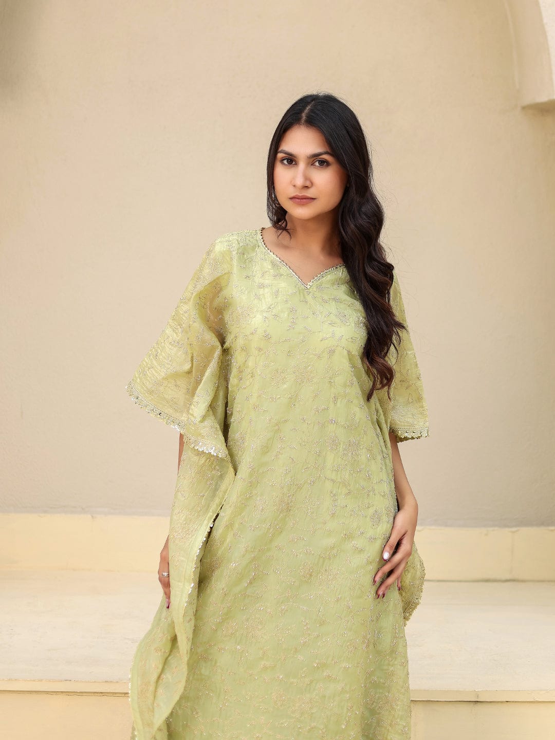 The Kaftan Company Kurta Lime Green Embroidered Viscose Silk Kaftan Kurta